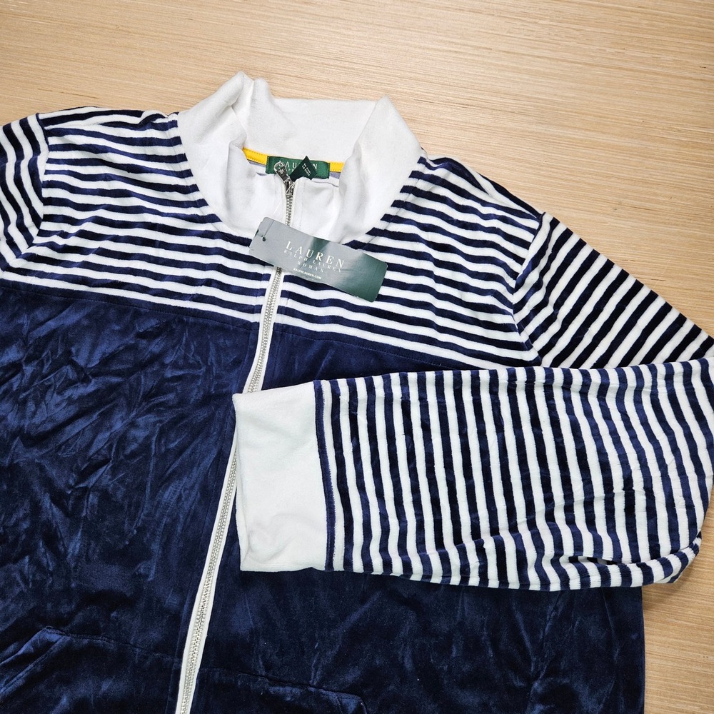 Lauren Ralph Lauren Full Zip Jacket Woman 3X White Navy Striped Velour NEW